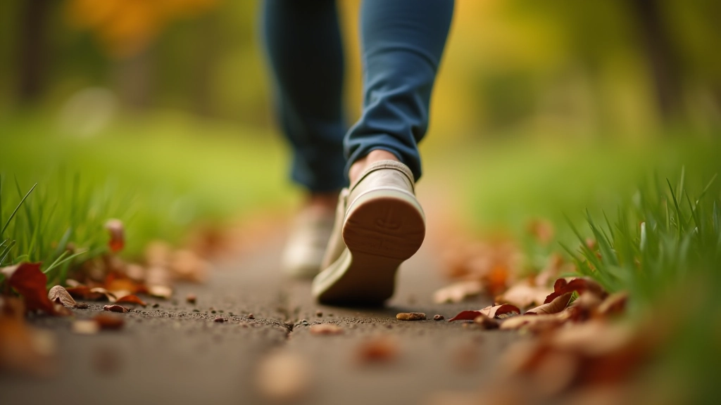 Nahaufnahme von Füßen auf Naturweg mit Blättern und Gras, zeigt achtsame Schrittbewegung