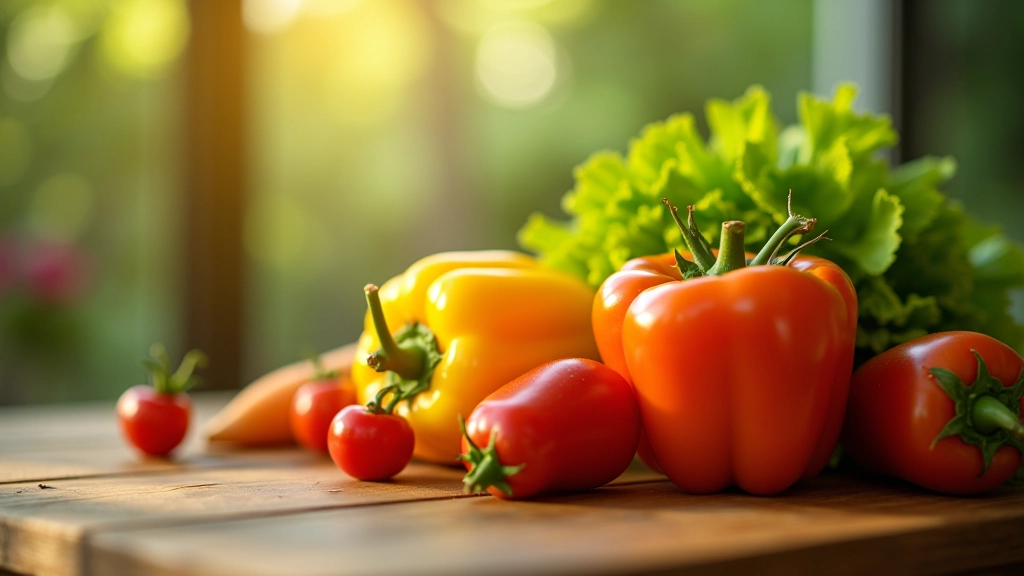 Frische Gemüsevielfalt auf Holztisch, sonniges Tageslicht, appetitanregende Anordnung