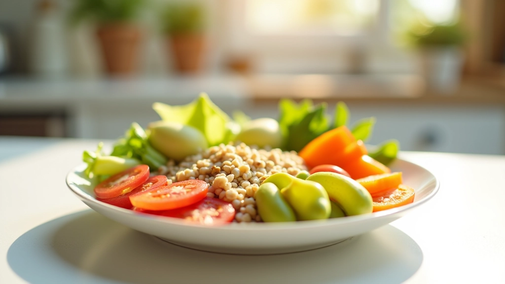 Gesunde Mahlzeit mit verschiedenen Lebensmitteln auf weißem Teller, saubere Präsentation, Morgenlichtstimmung