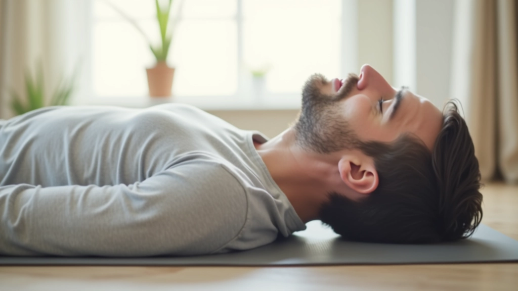Mann in entspannter Meditationshaltung auf Yogamatte, helles Zimmer mit Fenster, natürliches Tageslicht