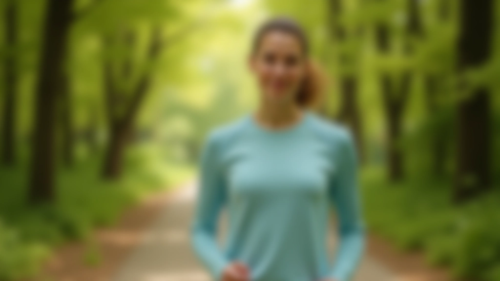 Person in hellblauer Sportkleidung spaziert auf Waldweg, umgeben von grünen Bäumen und diffusem Licht