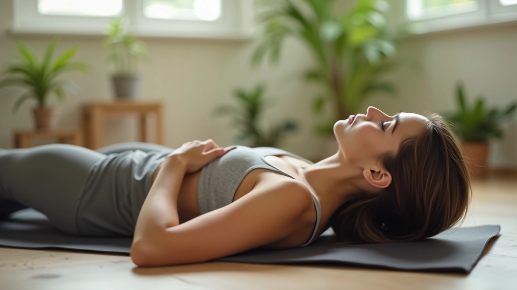 Person führt Body-Scan Meditation durch, liegt entspannt auf Yogamatte in ruhigem Raum