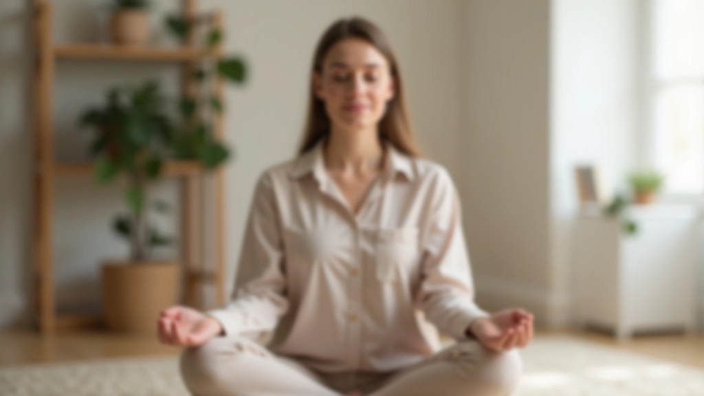 Person sitzt in ruhiger Position mit Händen auf den Knien, konzentriertes ruhiges Gesicht, Meditation in minimalistischem Raum