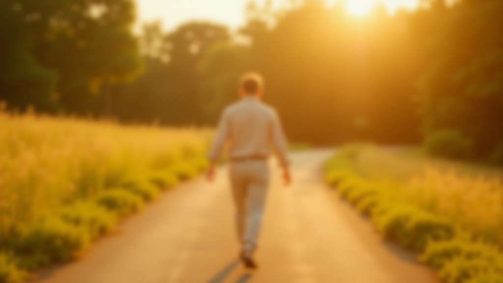 Person in beiger Leinenkleidung spaziert auf breitem Weg durch sonnige Landschaft, entspannte Körperhaltung