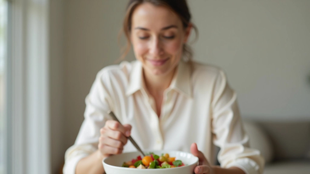 Person in entspannter Pose mit Essensschüssel, ruhiger Blick, minimalistisches Umfeld
