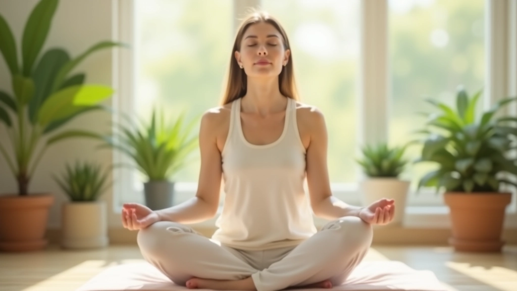 Person meditiert, sitzt auf Meditation-Kissen, sonniger Raum mit Pflanzen, friedliche Atmosphäre