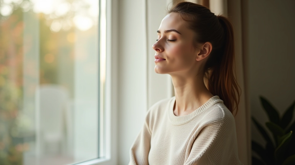 Frau mittleren Alters sitzt am Fenster und praktiziert bewusste Atmung mit ruhigem Gesichtsausdruck, natürliche Beleuchtung