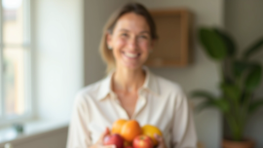Frau mit entspanntem Lächeln, hält eine Schüssel Obst, natürliches Licht von links, warme Atmosphäre